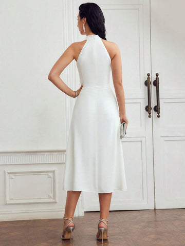 MOTF PREMIUM SOLID COLOR RHINESTONE DECORATED HALTER NECK DRESS