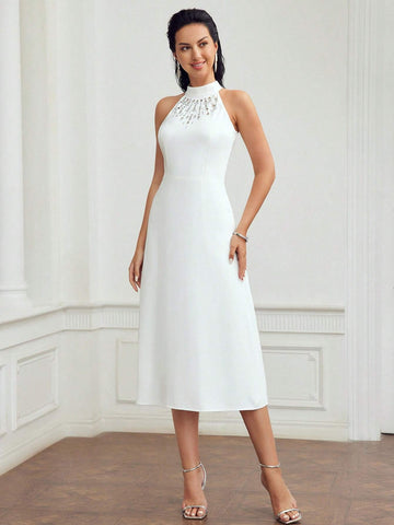 MOTF PREMIUM SOLID COLOR RHINESTONE DECORATED HALTER NECK DRESS