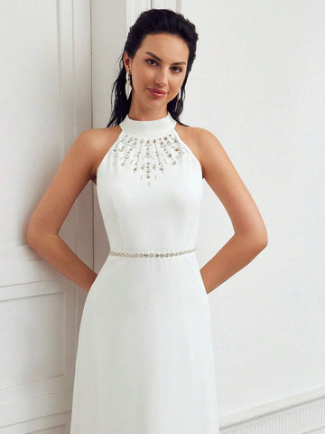 MOTF PREMIUM SOLID COLOR RHINESTONE DECORATED HALTER NECK DRESS
