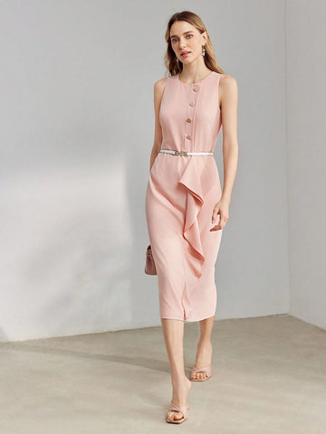 MOTF PREMIUM SOLID DRAPED FRONT SLIM FIT DRESS