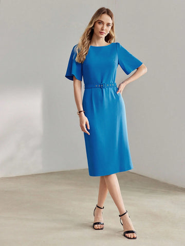 MOTF PREMIUM SOLID FLUTTER SLEEVE BUCKLE BELTED DRESS