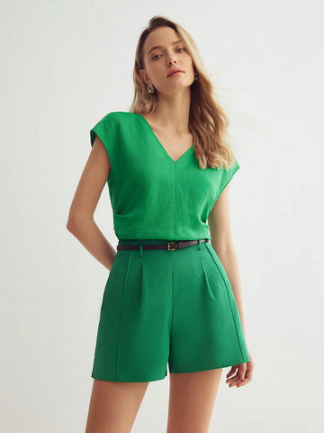 MOTF PREMIUM SOLID FOLD PLEATED SLANT POCKET SHORTS WITH BELT