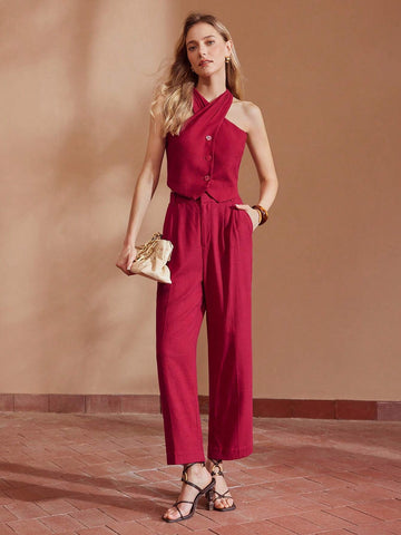 MOTF PREMIUM SOLID FOLD PLEATED SLANT POCKET SUIT PANTS