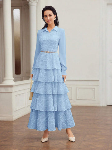 MOTF PREMIUM SOLID FUZZY JACQUARD LAYERED RUFFLE HEM DRESS