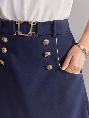 MOTF PREMIUM SOLID GOLD BUTTON DETAIL CONTRAST PIPING BELTED SKIRT