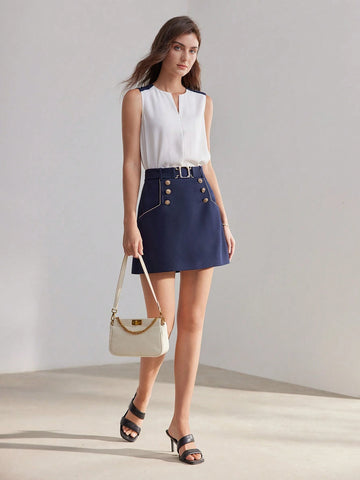 MOTF PREMIUM SOLID GOLD BUTTON DETAIL CONTRAST PIPING BELTED SKIRT