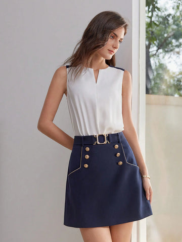 MOTF PREMIUM SOLID GOLD BUTTON DETAIL CONTRAST PIPING BELTED SKIRT
