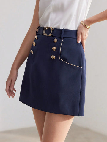 MOTF PREMIUM SOLID GOLD BUTTON DETAIL CONTRAST PIPING BELTED SKIRT