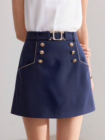 MOTF PREMIUM SOLID GOLD BUTTON DETAIL CONTRAST PIPING BELTED SKIRT