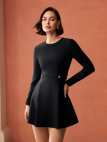 MOTF PREMIUM SOLID GOLD BUTTON DETAIL FLARE HEM SHORT DRESS