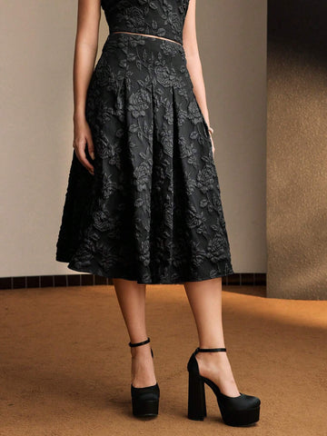 MOTF PREMIUM SOLID JACQUARD FOLD PLEATED FLARE SKIRT