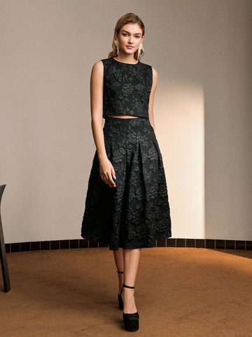 MOTF PREMIUM SOLID JACQUARD FOLD PLEATED FLARE SKIRT