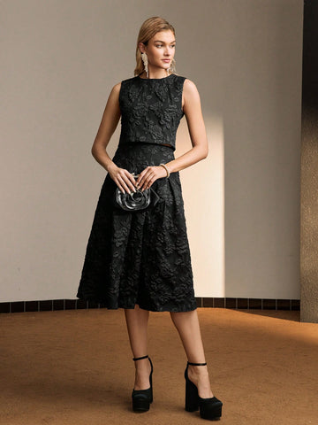 MOTF PREMIUM SOLID JACQUARD FOLD PLEATED FLARE SKIRT