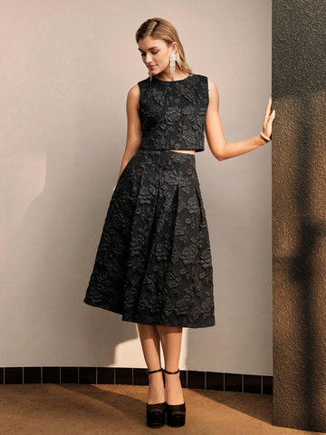 MOTF PREMIUM SOLID JACQUARD FOLD PLEATED FLARE SKIRT