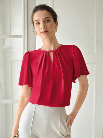 MOTF PREMIUM SOLID KEYHOLE NECK FLUTTER SLEEVE BLOUSE