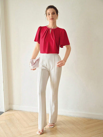 MOTF PREMIUM SOLID KEYHOLE NECK FLUTTER SLEEVE BLOUSE