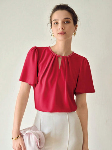 MOTF PREMIUM SOLID KEYHOLE NECK FLUTTER SLEEVE BLOUSE