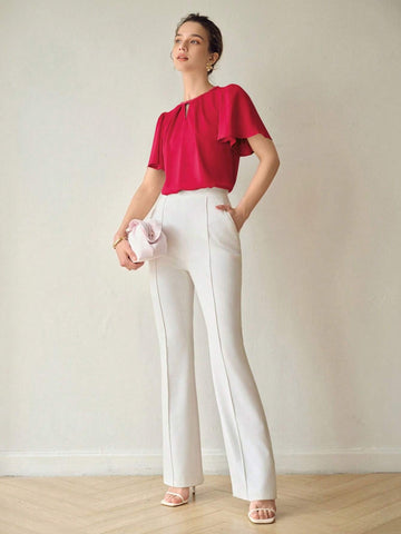 MOTF PREMIUM SOLID KEYHOLE NECK FLUTTER SLEEVE BLOUSE