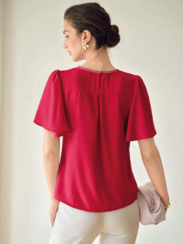 MOTF PREMIUM SOLID KEYHOLE NECK FLUTTER SLEEVE BLOUSE