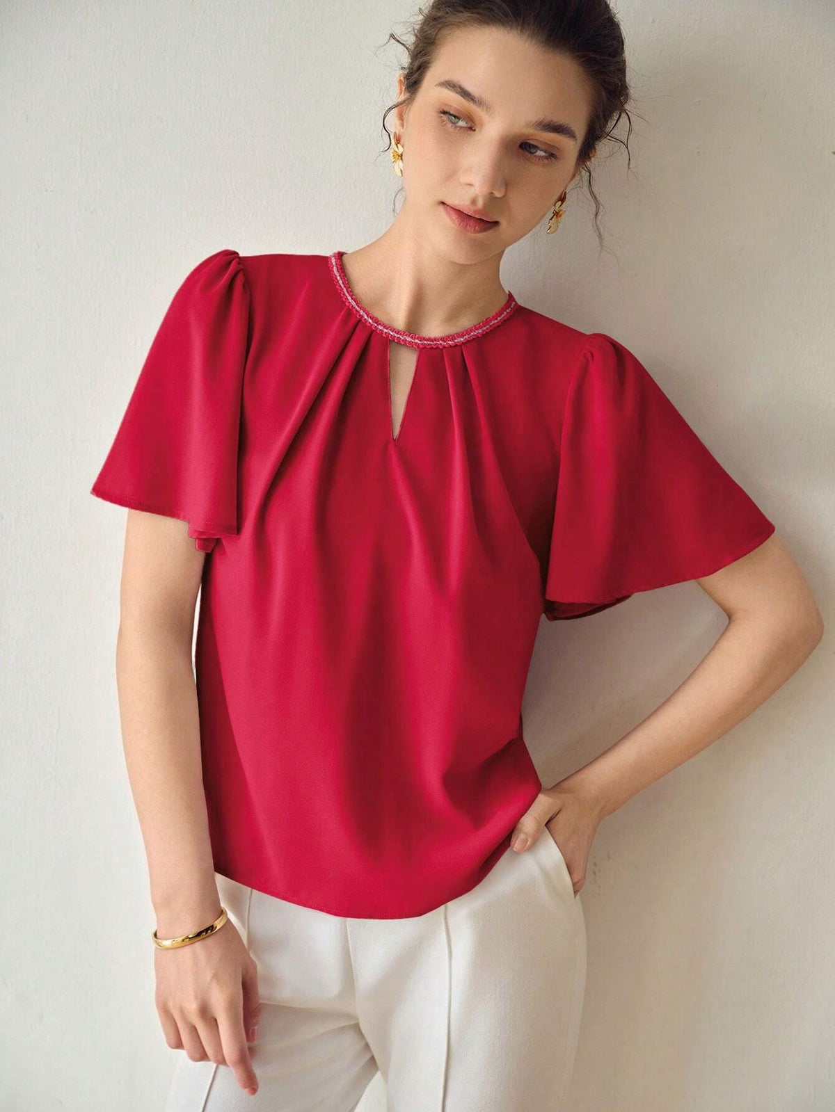 MOTF PREMIUM SOLID KEYHOLE NECK FLUTTER SLEEVE BLOUSE