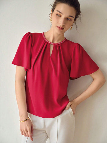 MOTF PREMIUM SOLID KEYHOLE NECK FLUTTER SLEEVE BLOUSE