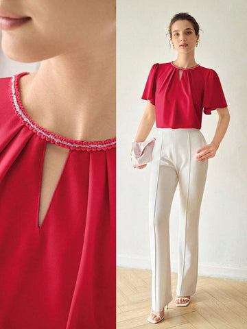 MOTF PREMIUM SOLID KEYHOLE NECK FLUTTER SLEEVE BLOUSE