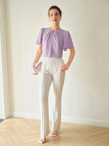 MOTF PREMIUM SOLID KEYHOLE NECK FLUTTER SLEEVE FOLD PLEATED BLOUSE