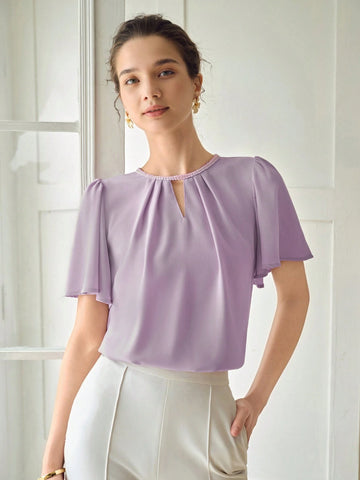 MOTF PREMIUM SOLID KEYHOLE NECK FLUTTER SLEEVE FOLD PLEATED BLOUSE