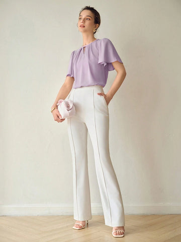 MOTF PREMIUM SOLID KEYHOLE NECK FLUTTER SLEEVE FOLD PLEATED BLOUSE