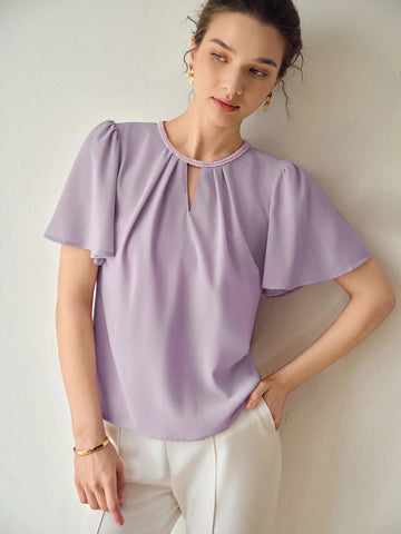 MOTF PREMIUM SOLID KEYHOLE NECK FLUTTER SLEEVE FOLD PLEATED BLOUSE