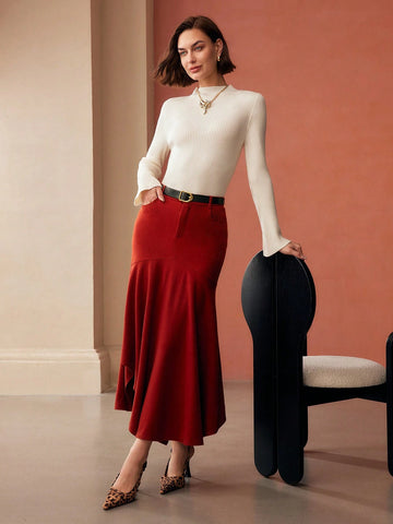 MOTF PREMIUM SOLID MERMAID HEM SKIRT WITH BELT
