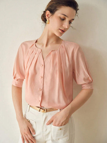 MOTF PREMIUM SOLID NOTCH NECK FOLD PLEATED PUFF SLEEVE BLOUSE