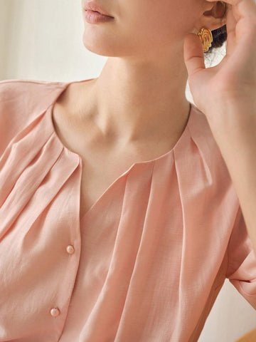 MOTF PREMIUM SOLID NOTCH NECK FOLD PLEATED PUFF SLEEVE BLOUSE