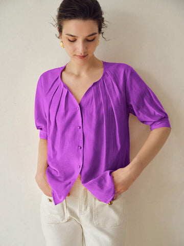 MOTF PREMIUM SOLID NOTCH NECK FOLD PLEATED PUFF SLEEVE BLOUSE