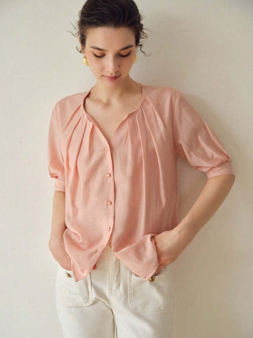 MOTF PREMIUM SOLID NOTCH NECK FOLD PLEATED PUFF SLEEVE BLOUSE