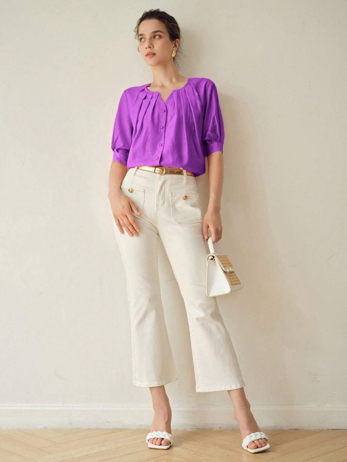 MOTF PREMIUM SOLID NOTCH NECK FOLD PLEATED PUFF SLEEVE BLOUSE