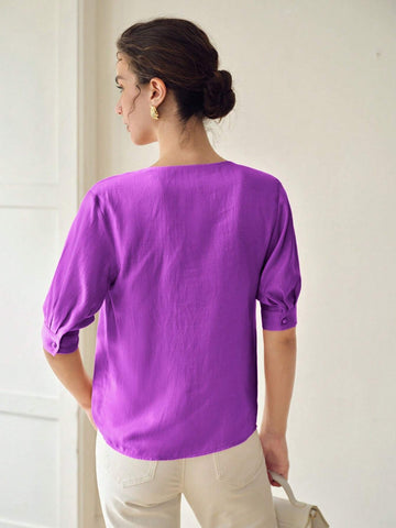 MOTF PREMIUM SOLID NOTCH NECK FOLD PLEATED PUFF SLEEVE BLOUSE