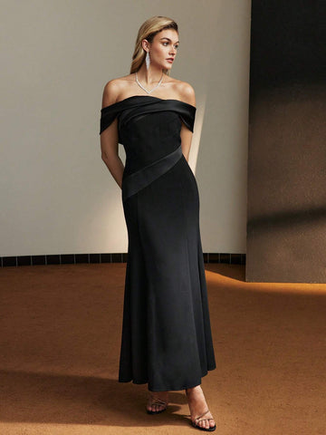 MOTF PREMIUM SOLID OFF SHOULDER MERMAID HEM FORMAL EVENING DRESS WITHOUT BELT