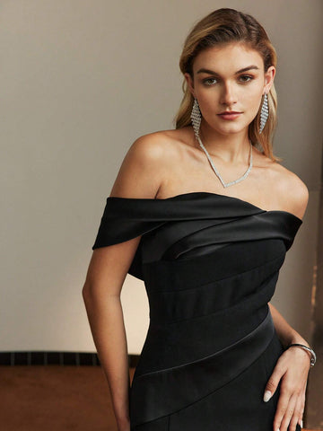 MOTF PREMIUM SOLID OFF SHOULDER MERMAID HEM FORMAL EVENING DRESS WITHOUT BELT