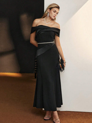 MOTF PREMIUM SOLID OFF SHOULDER MERMAID HEM FORMAL EVENING DRESS WITHOUT BELT