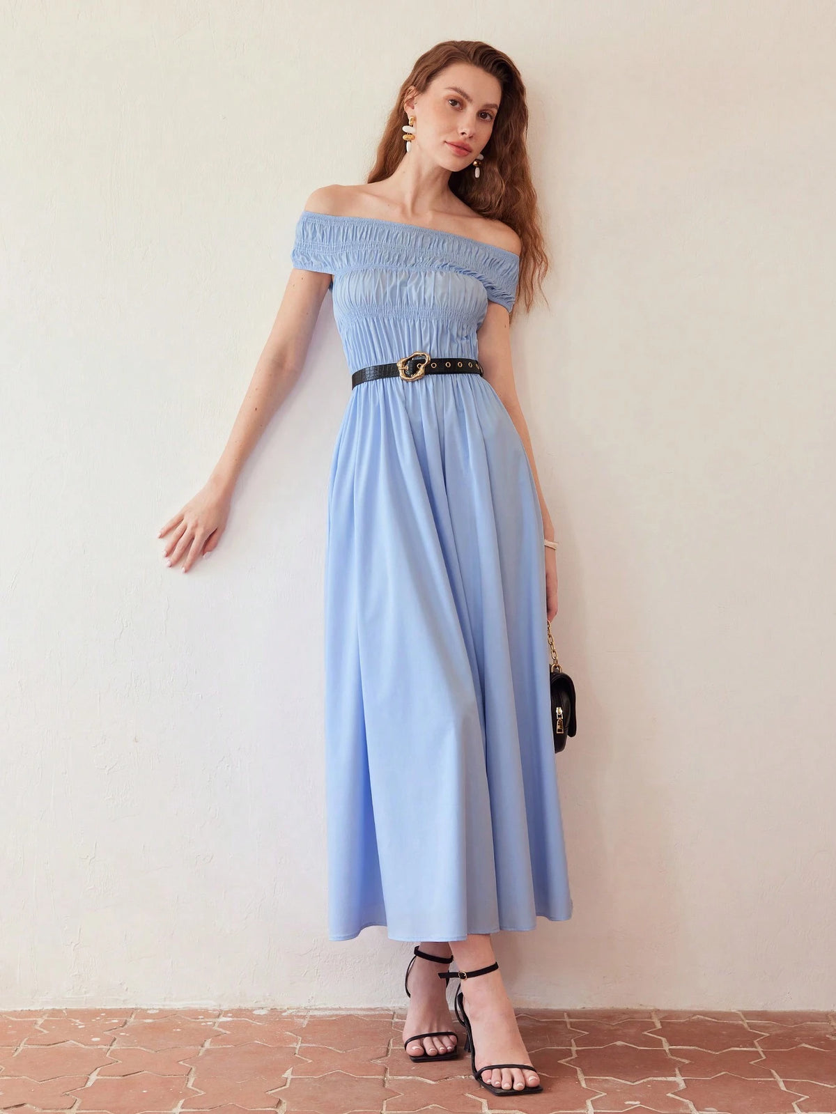 MOTF PREMIUM SOLID OFF SHOULDER SHIRRED BODICE FLARE HEM DRESS