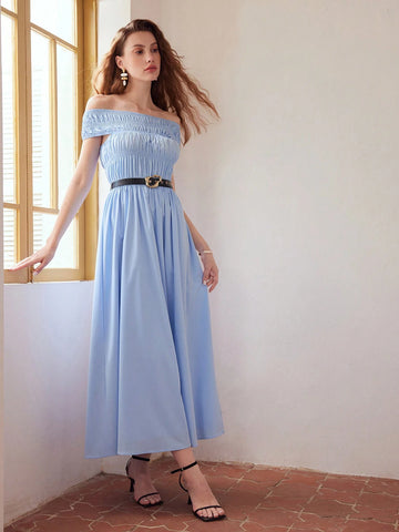 MOTF PREMIUM SOLID OFF SHOULDER SHIRRED BODICE FLARE HEM DRESS