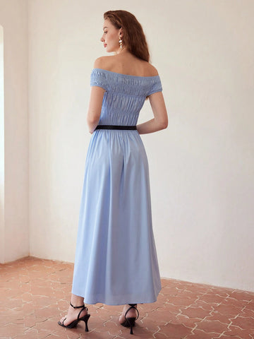 MOTF PREMIUM SOLID OFF SHOULDER SHIRRED BODICE FLARE HEM DRESS