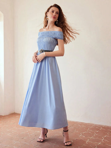 MOTF PREMIUM SOLID OFF SHOULDER SHIRRED BODICE FLARE HEM DRESS