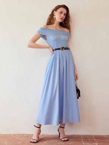 MOTF PREMIUM SOLID OFF SHOULDER SHIRRED BODICE FLARE HEM DRESS