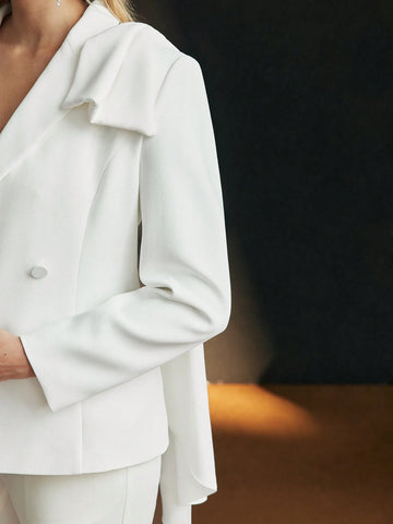 MOTF PREMIUM SOLID PEAK COLLAR BOW DETAIL DOUBLE BREASTED PLACKET PARTY BLAZER