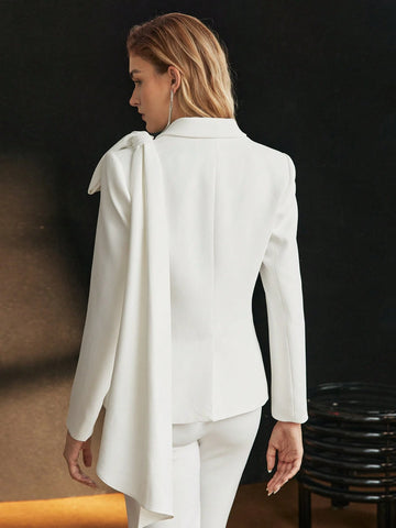 MOTF PREMIUM SOLID PEAK COLLAR BOW DETAIL DOUBLE BREASTED PLACKET PARTY BLAZER