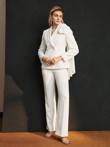 MOTF PREMIUM SOLID PEAK COLLAR BOW DETAIL DOUBLE BREASTED PLACKET PARTY BLAZER