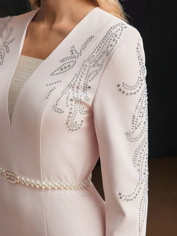 MOTF PREMIUM SOLID RHINESTONE DETAIL SPLIT THIGH SLIM FIT COCKTAIL DRESS WITH BELT