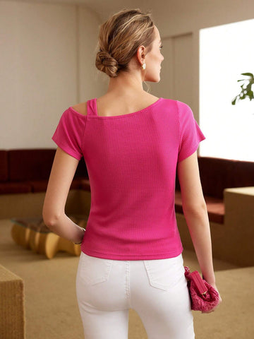 MOTF PREMIUM SOLID RIB-KNIT RING DETAIL CUTOUT SLIM FIT TEE